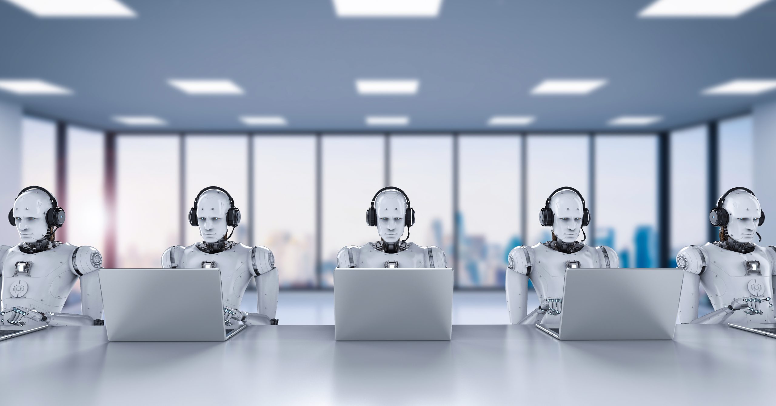 3d rendering humanoid robots working with headset and notebook